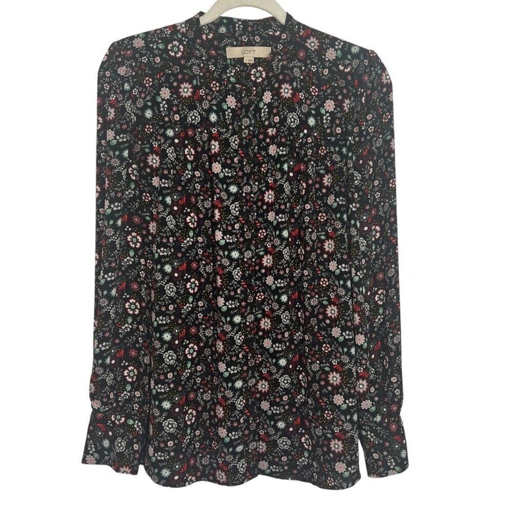 LOFT Black Floral Blouse size Medium Long Sleeve Button Up Semi-Sheer Top
